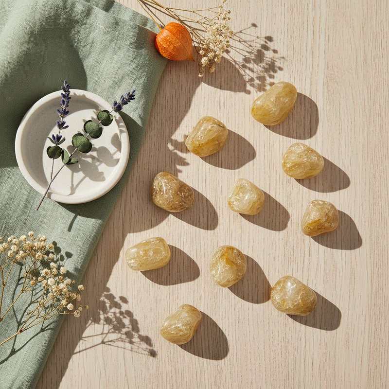 Nine polished yellow tumbled gemstones arranged on a light wood tabletop with a sage green cloth, small white dish, dried flowers, and an orange decorative object. No person or animal is present, so this is Product/Packaging rather than Lifestyle.