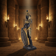 An Egyptian goddess statue with a black body and gold details, holding a shield, standing in a grand temple hall with stone pillars and torchlight.
