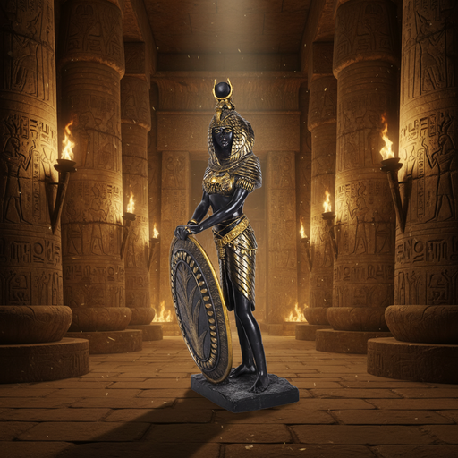 An Egyptian goddess statue with a black body and gold details, holding a shield, standing in a grand temple hall with stone pillars and torchlight.