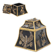 Decorative black and gold box with Egyptian-themed designs on a white background