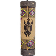 Decorative cylindrical object with tribal patterns on a white background