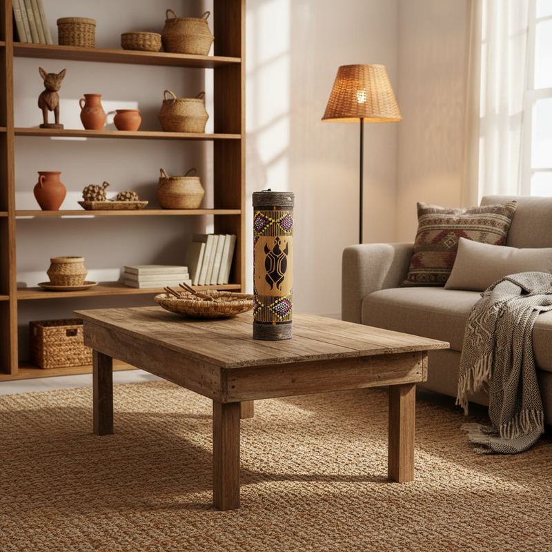 Living room with wooden coffee table, decorative tumbler, and bookshelf.