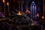A dragon head candle holder with a lit tealight candle, displayed on a dark marble surface in a gothic cathedral-like setting with candles, purple crystals, and dark purple drapery.