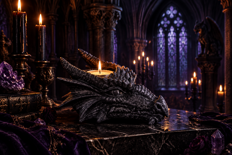 A dragon head candle holder with a lit tealight candle, displayed on a dark marble surface in a gothic cathedral-like setting with candles, purple crystals, and dark purple drapery.