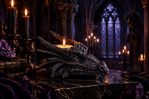 A dragon head candle holder with a lit tealight candle, displayed on a dark marble surface in a gothic cathedral-like setting with candles, purple crystals, and dark purple drapery.