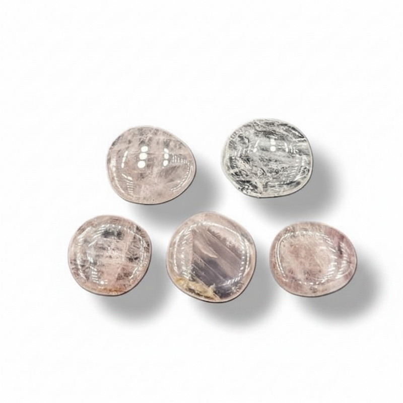 Five round rose quartz stones  on a white background