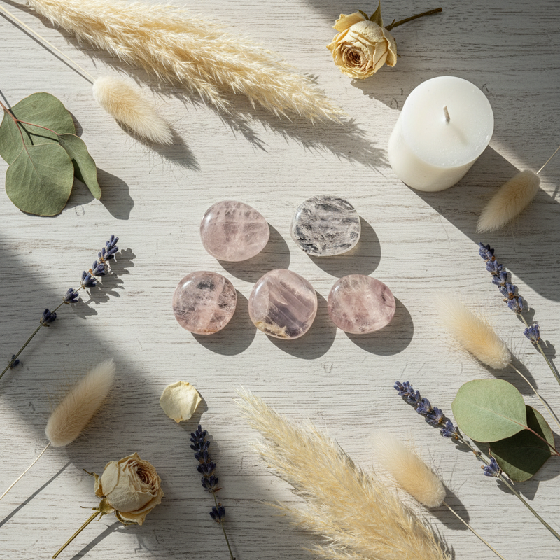 Five round rose quartz stones  on table with dried flowers and a white candle.