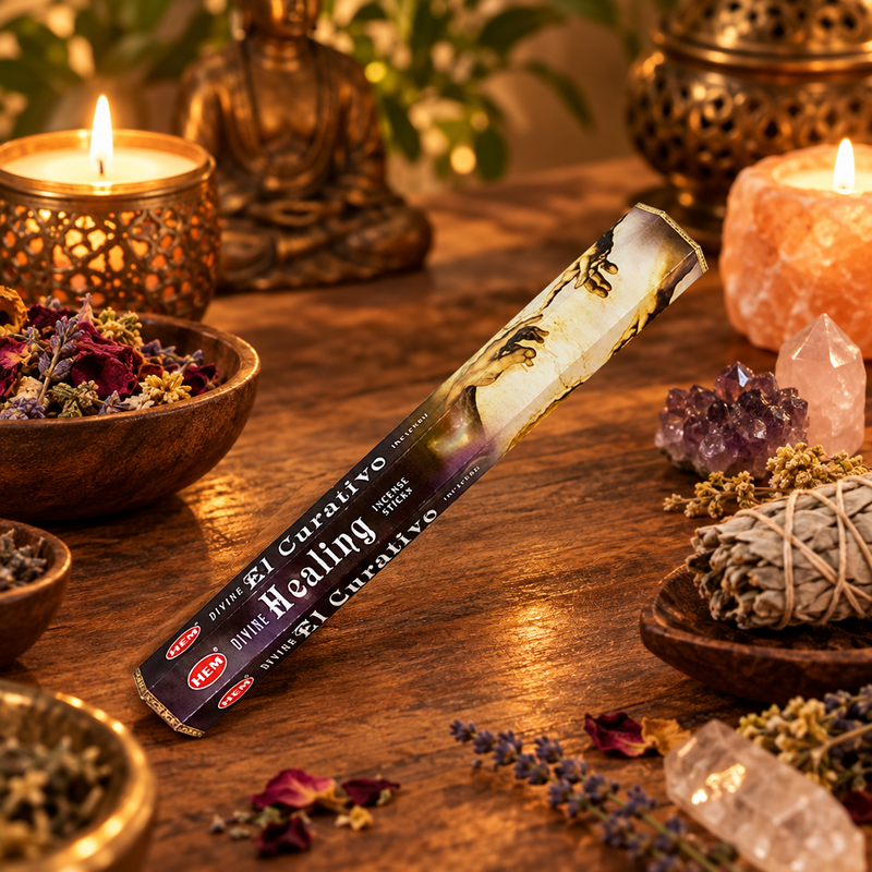 A single incense stick package labeled 'El Curadino' and 'Divine Healing' lies diagonally on a wooden surface surrounded by lit candles, crystals, dried flowers, and ritual props in a warm, atmospheric setting.
