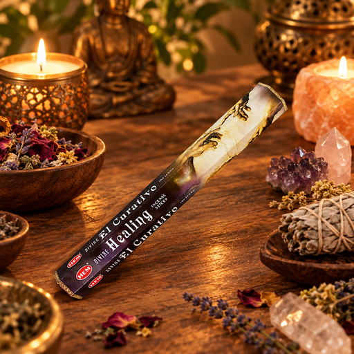 A single incense stick package labeled 'El Curadino' and 'Divine Healing' lies diagonally on a wooden surface surrounded by lit candles, crystals, dried flowers, and ritual props in a warm, atmospheric setting.