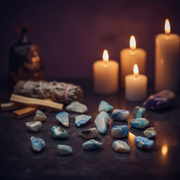 A styled arrangement of polished blue and white quantum quattro tumbled stones on a dark surface, alongside a white sage bundle, wooden sticks, and several lit white candles against a dark purple background.