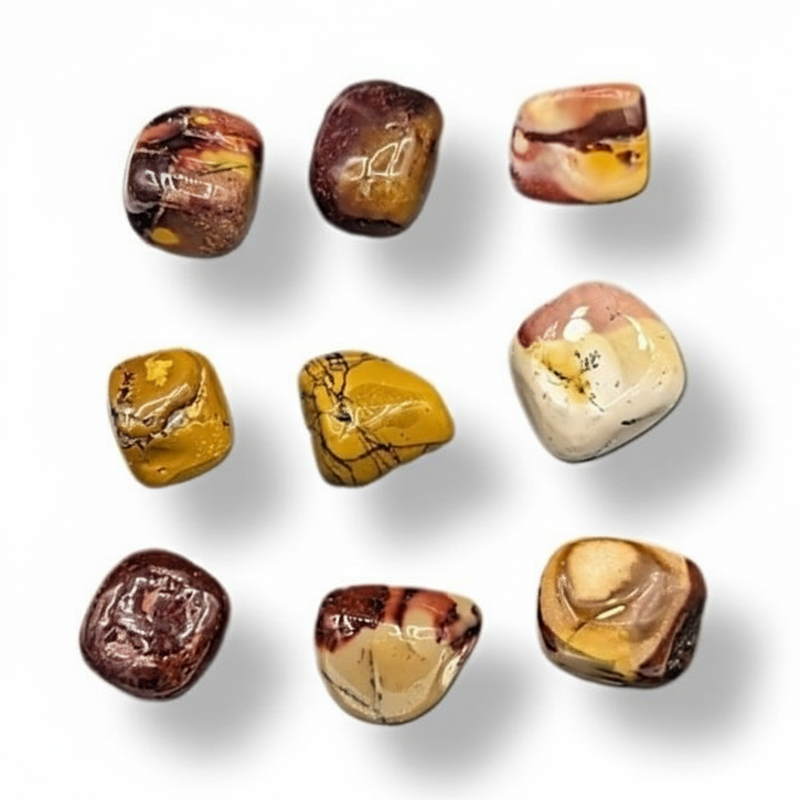 Mookaite polished gemstones on a white background .