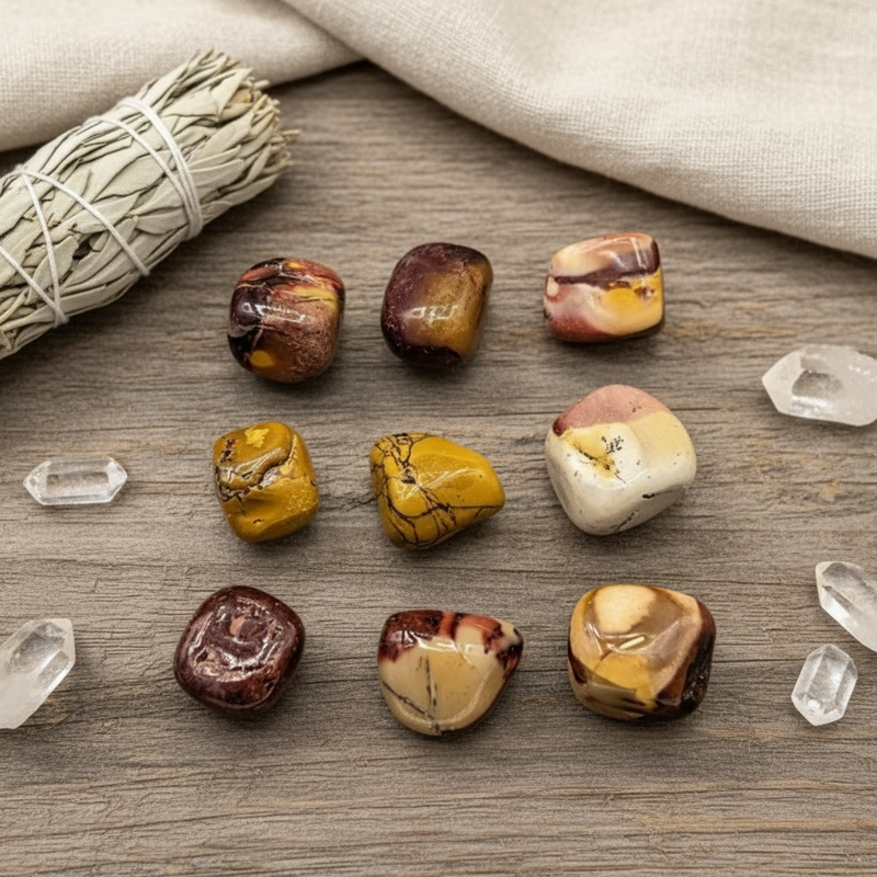 Mookaite polished gemstones on a table with sage and quartz crystals.