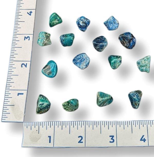 Tumbled chrysocolla stones with a ruler for scale on a white background
