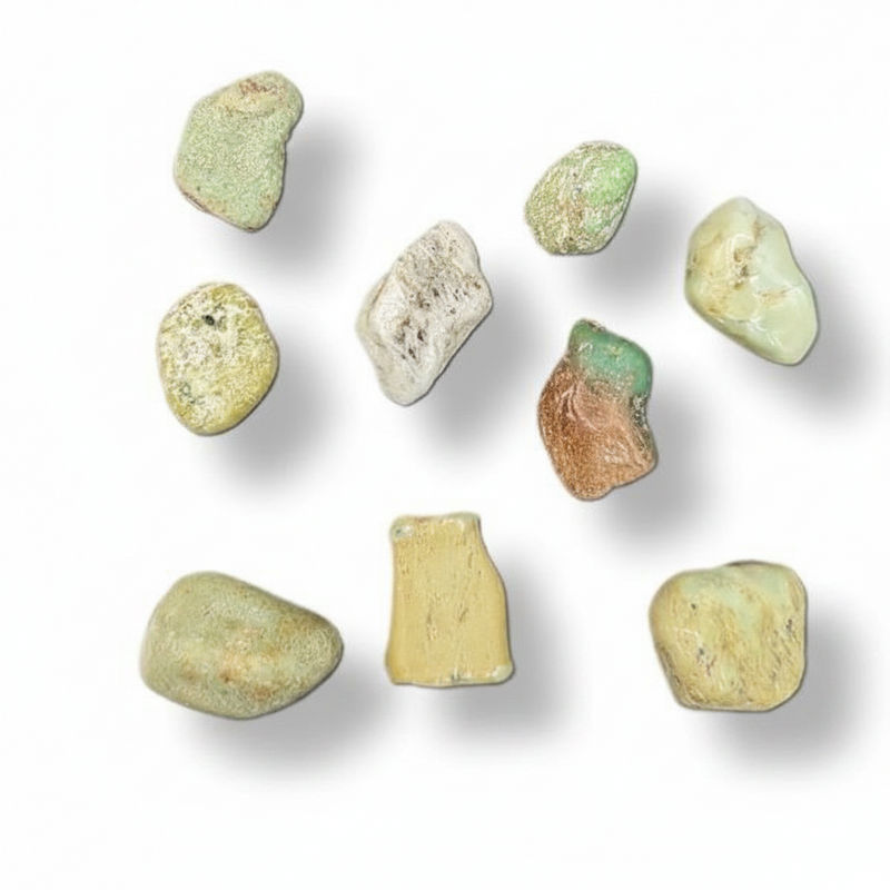 Nine smooth, polished river stones in various shapes and colors, including shades of green, beige, yellow, and brown, arranged on a white background with soft drop shadows.