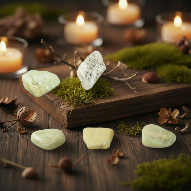A set of polished light green and white tumbled crystals arranged on a dark wooden board with green moss, acorns, and small branches, with blurred lit candles in the background.