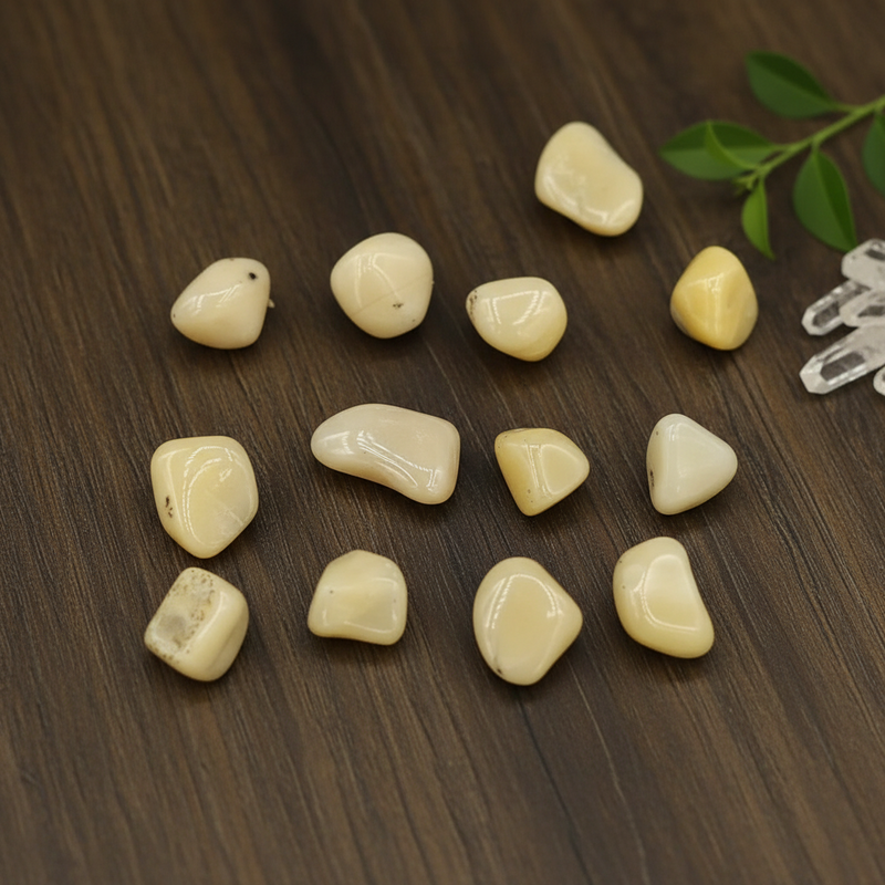Yellow opal tumbled on a wooden table