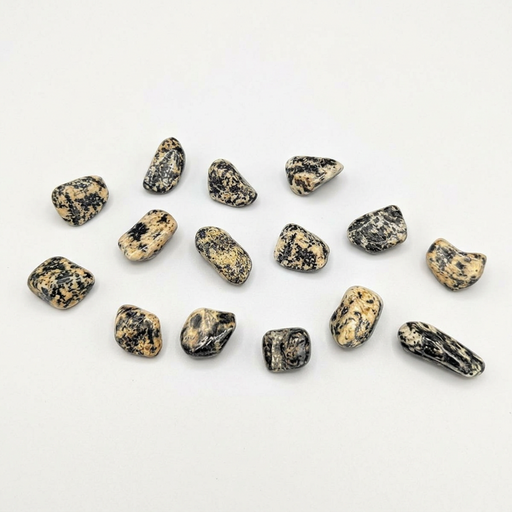 A set of small polished tumbled stones in a natural jasper pattern of black, gray, and beige, arranged on a plain white background.