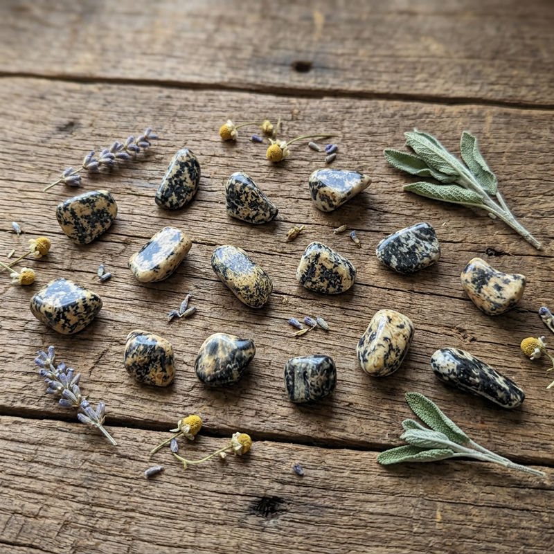 A set of polished black and cream jasper tumbled stones arranged on a rustic wooden surface, styled with dried lavender and sage leaves.