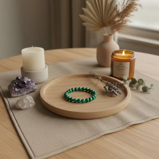 A green beaded bracelet is displayed on a round wooden tray, styled on a beige table runner with candles, crystals, and dried botanicals in a warm, cozy interior setting.