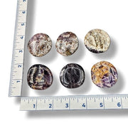 Seven multicolored stones with a ruler for scale on a white background
