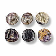 Six polished oval gemstones displaying various amethyst and citrine fossil patterns, arranged in a two-by-three grid on a white background with soft drop shadows.
