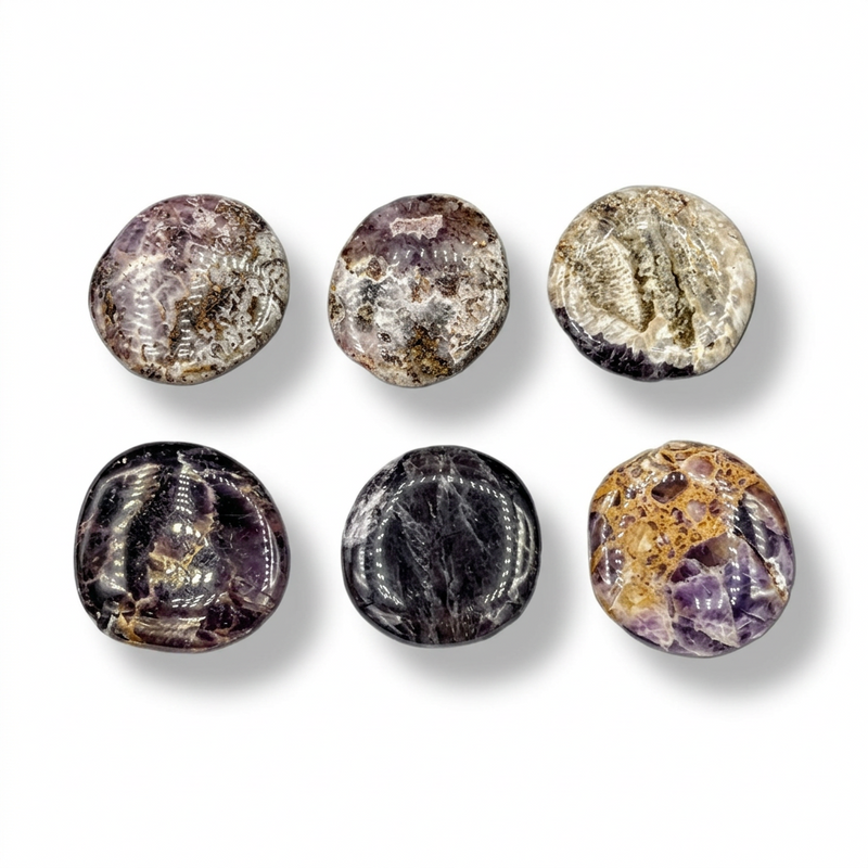 Six polished oval gemstones displaying various amethyst and citrine fossil patterns, arranged in a two-by-three grid on a white background with soft drop shadows.