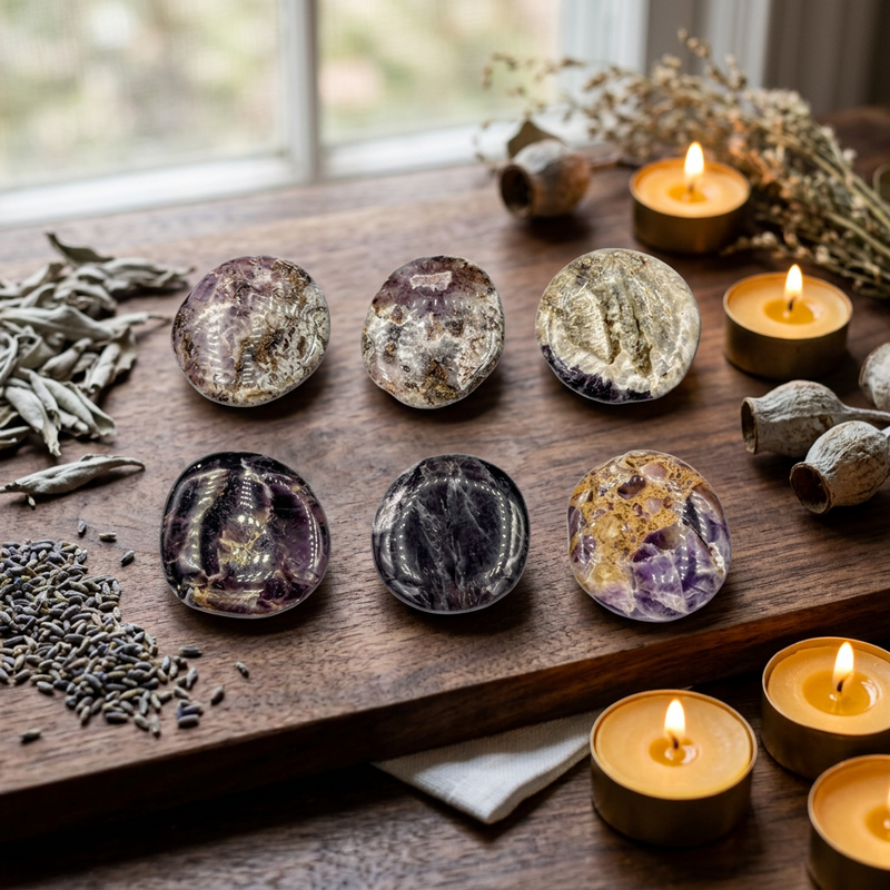 Eight polished crystal and stone pendants arranged on a wooden tray, surrounded by dried botanicals, tea lights, and small dried flower buds in a warm, rustic setting.