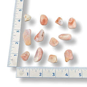 Set of small stones next to a ruler on a white background