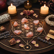 A styled tabletop arrangement featuring seven pink rose quartz stones arranged inside a gold geometric flower design on a dark wooden board. The scene is lit by three burning candles, with dried lavender, rose petals, a white sage bundle, and wooden blocks around the perimeter.