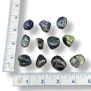Assorted polished gemstones with a ruler for scale on a white background