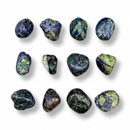 Twelve polished tumbled gemstones arranged in a 3x4 grid on a white background with soft drop shadows. The stones display natural variations in color, primarily deep blue, green, black, and hints of gold and purple.