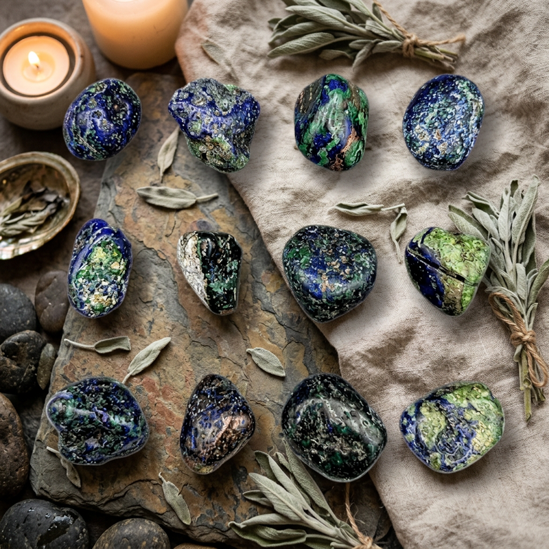 A styled flat-lay of polished blue and green apatite crystals arranged on a slate slab and beige fabric, with dried leaves, a small candle, and a bowl of dried herbs around them.