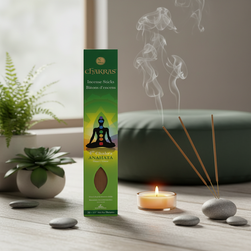 A box of Chakras Anahata incense sticks stands on a wooden surface beside three incense sticks, a lit tea light candle, smooth stones, and a blurred indoor setting with a plant and cushion. The box is green with a chakra symbol and the brand name Chakras visible.
