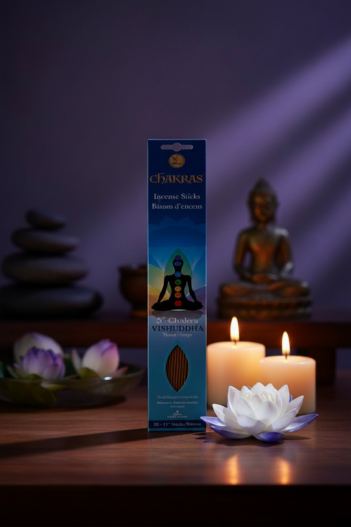 Chakras incense stick box with candles and a Buddha statue in the background