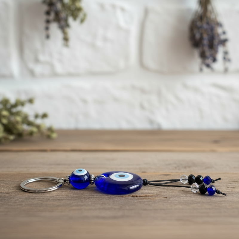 Blue evil eye keychain on a wooden surface with a blurred background