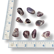 Set of purple stones with a ruler for scale on a white background