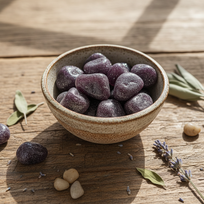 Set of purple stones in a bowl on a sunny table with herbs around.