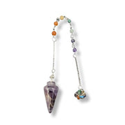 Crystal pendulum with beads on a white background