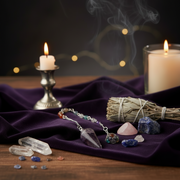 A silver-toned crystal  pendulum with a purple cone pendant and colorful beads is displayed on a dark purple velvet cloth alongside raw crystals, a white sage smudge bundle, and lit candles in a moody, atmospheric setting