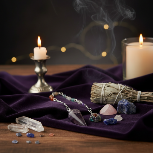A silver-toned crystal  pendulum with a purple cone pendant and colorful beads is displayed on a dark purple velvet cloth alongside raw crystals, a white sage smudge bundle, and lit candles in a moody, atmospheric setting