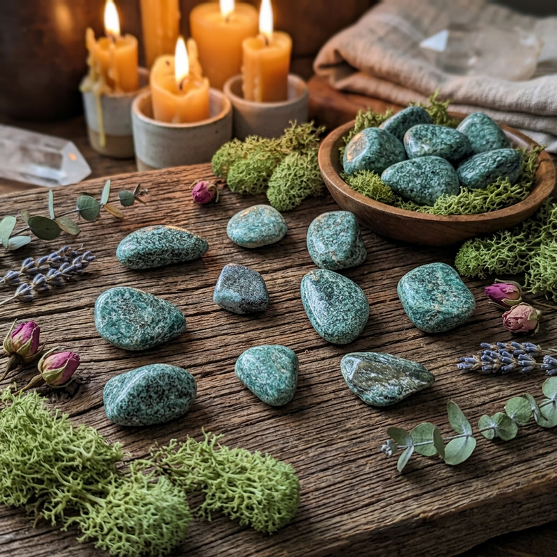 A styled arrangement of polished teal-green stones on a rustic wooden surface, surrounded by green moss, eucalyptus leaves, lavender sprigs, pink flower buds, a wooden bowl, and lit candles in the background.
