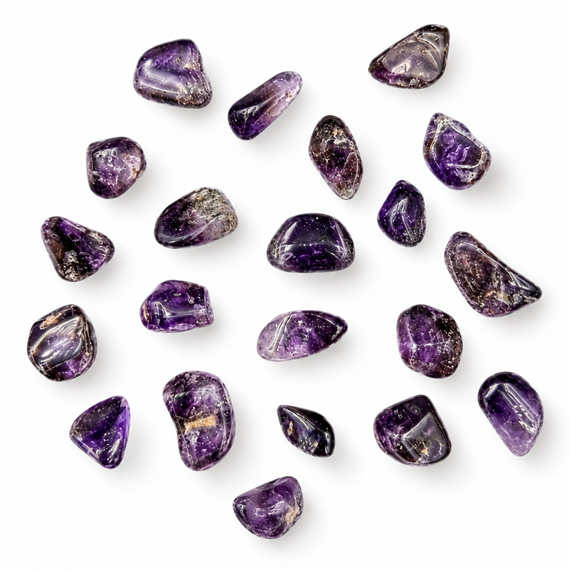 A scattered arrangement of polished purple brandberg quartz tumbled stones on a clean white background. 
