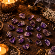 A group of polished purple brandberg quartz tumbled stones arranged on a dark wooden surface, surrounded by candles, dried lavender, a smudge bundle, and small bowls in a warm, atmospheric setting.