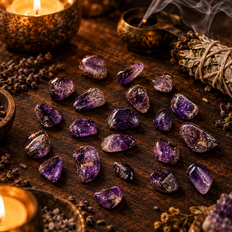 A group of polished purple brandberg quartz tumbled stones arranged on a dark wooden surface, surrounded by candles, dried lavender, a smudge bundle, and small bowls in a warm, atmospheric setting.