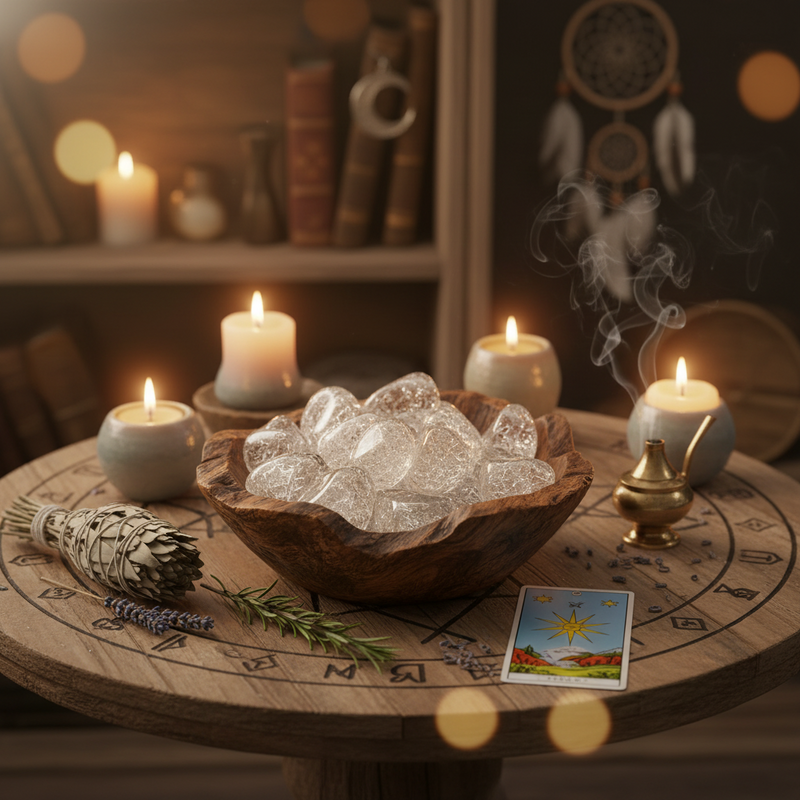 Witchcraft setup with crystal bowl, candles, and tarot card on a wooden table.