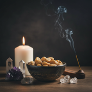Incense burning with a bowl of nuts, candle, and crystals on a dark background