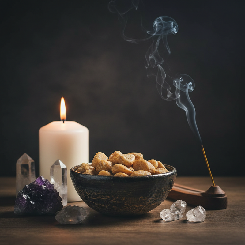 Incense burning with a bowl of nuts, candle, and crystals on a dark background