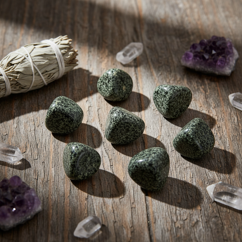 Mineral samples on a table with sage, amethyst and quartz for decoration.