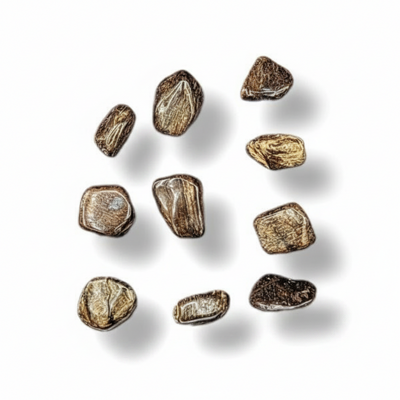 Nine small irregular brown and tan pieces with a textured, stone-like surface arranged on a white background with soft drop shadows.
