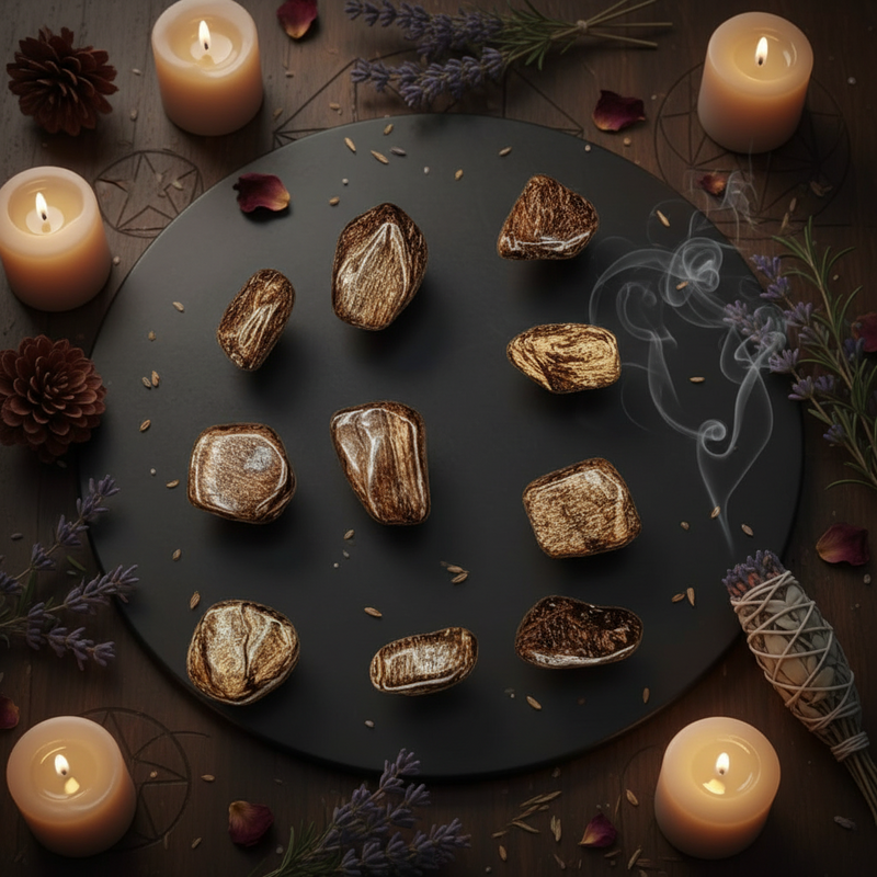 A styled flat-lay of nine Astrophyllite  stones arranged on a round black plate, surrounded by burning candles, lavender sprigs, pinecones, and rose petals on a dark wooden surface.